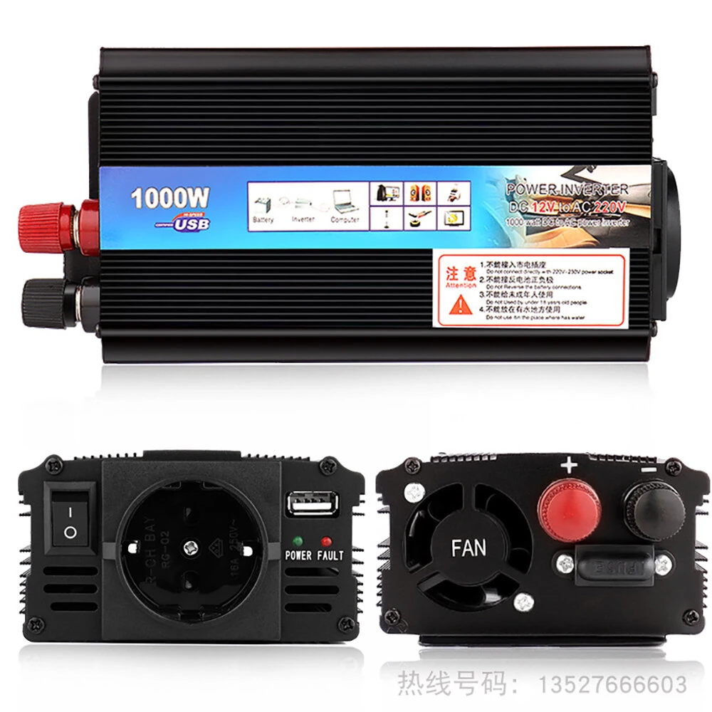 1000W Car Power Inverter 12V to 220V Converter DC to AC Inverter EU Plug Efficient Heat Dissipation for Outdoor Home Car (image for) 1000W Car Power Inverter 12V to 220V Converter DC to AC Inverter EU Plug Efficient Heat Dissipation for Outdoor Home Car