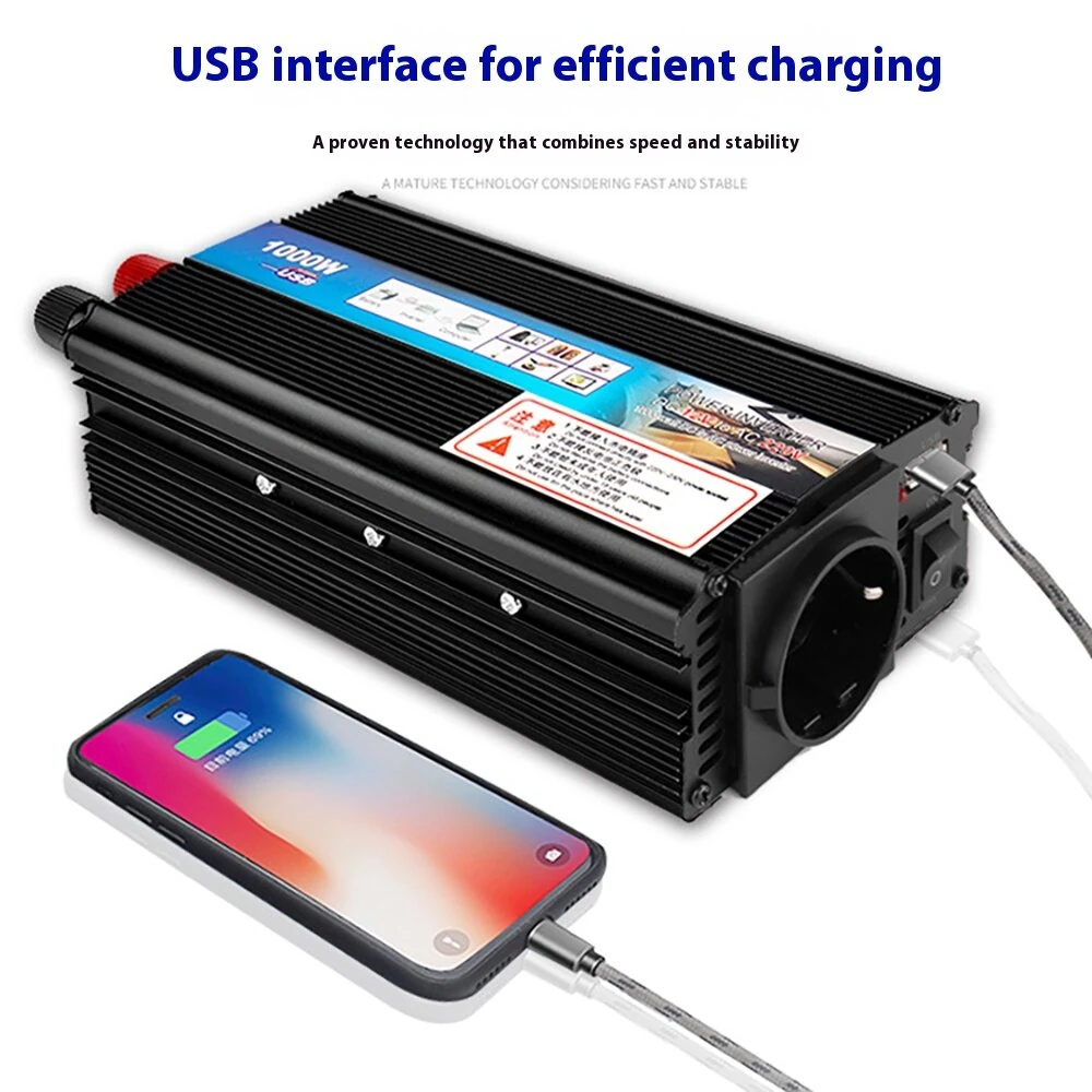 (image for) 1000W Car Power Inverter 12V to 220V Converter DC to AC Inverter EU Plug Efficient Heat Dissipation for Outdoor Home Car