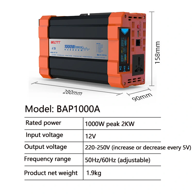 (image for) 1000W/1500W/2000W/3000W Pure Sine Wave Power Inverter DC12V to AC220V Vehicle Smart Inverter with LED Screen