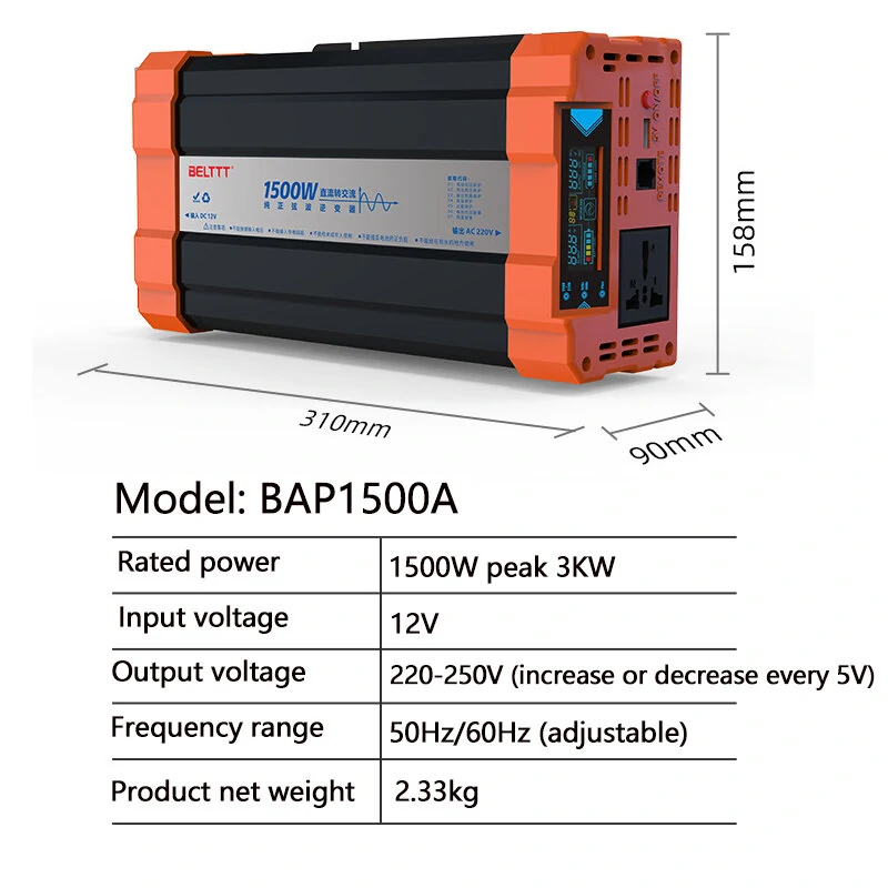 (image for) 1000W/1500W/2000W/3000W Pure Sine Wave Power Inverter DC12V to AC220V Vehicle Smart Inverter with LED Screen