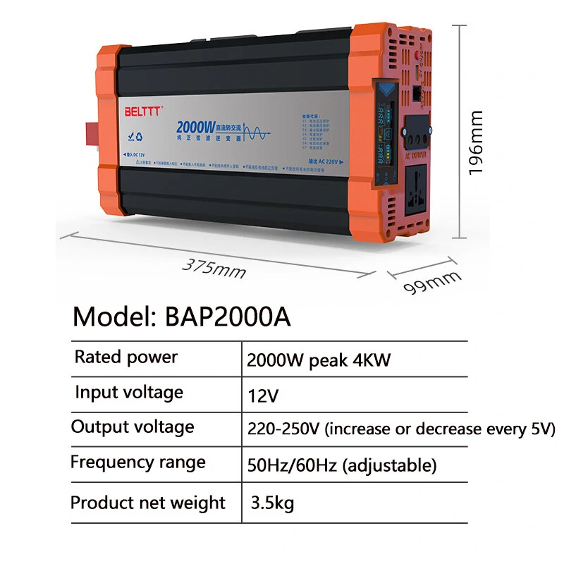 (image for) 1000W/1500W/2000W/3000W Pure Sine Wave Power Inverter DC12V to AC220V Vehicle Smart Inverter with LED Screen