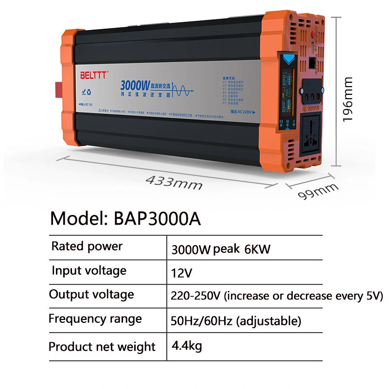 (image for) 1000W/1500W/2000W/3000W Pure Sine Wave Power Inverter DC12V to AC220V Vehicle Smart Inverter with LED Screen