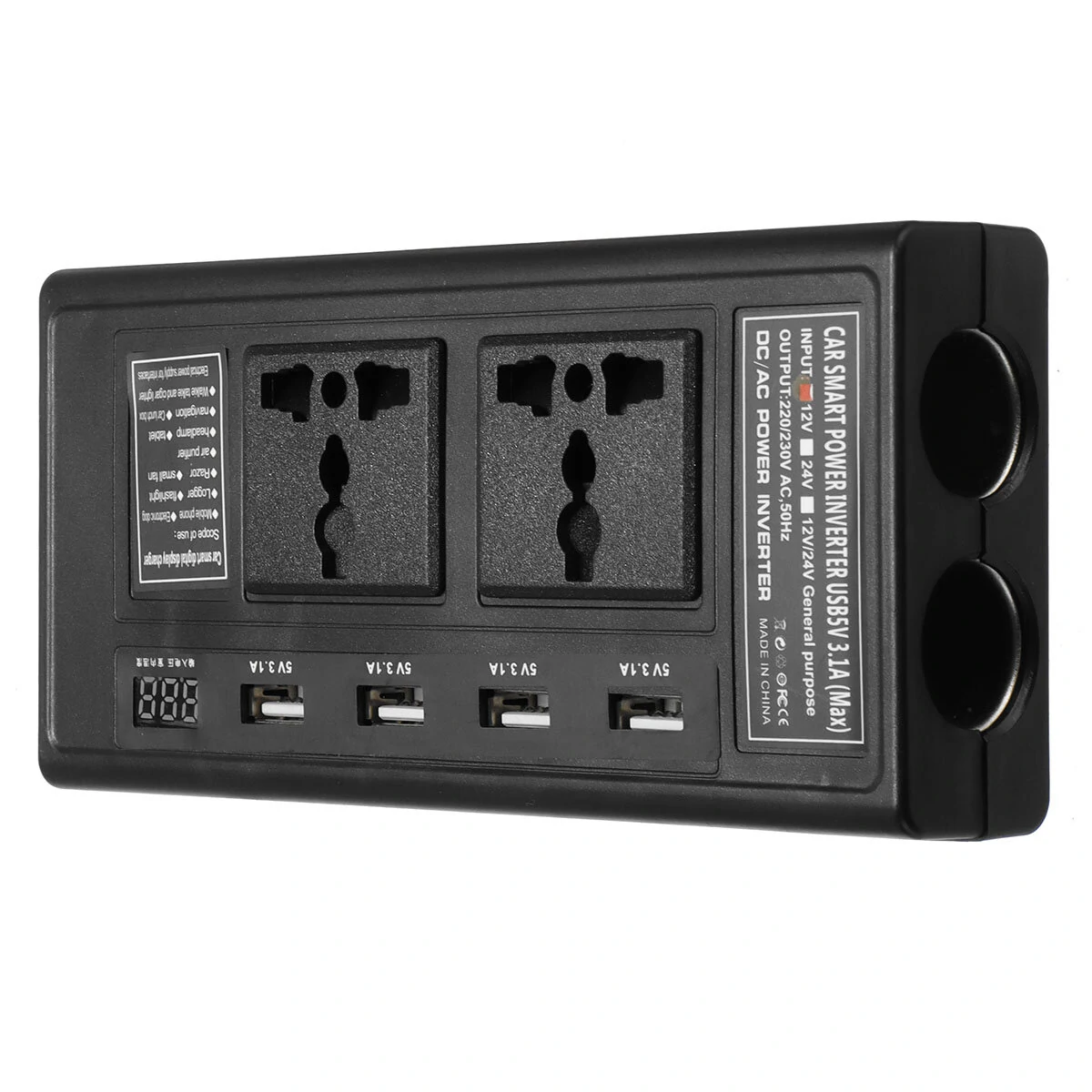 (image for) 200W 12V To 220V DC/AC Car Power Inverter with 4 USB 2 Universal Socket Independent Switch Voltage Digital Display