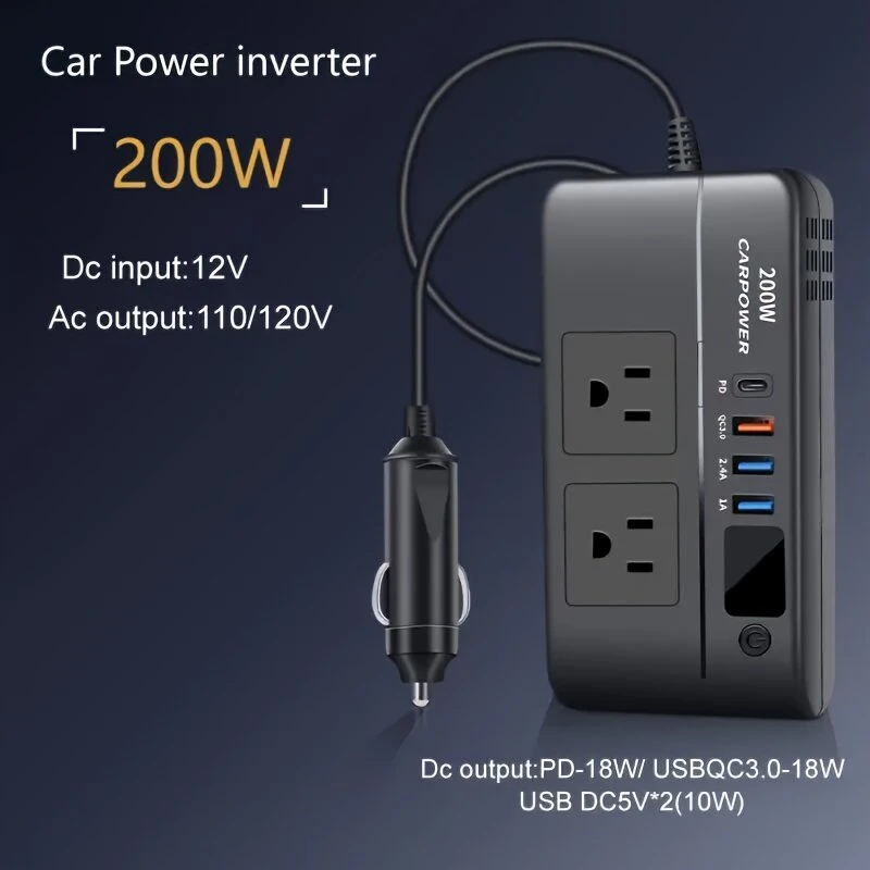 (image for) 200W Car Inverter DC 12V to 110V AC Power Inverter for Car Charger Adapter with PD 20W USB-C Dual USB Ports and QC3.0 Fast Charging Port