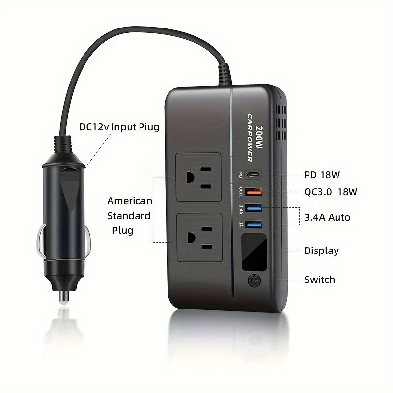 (image for) 200W Car Inverter DC 12V to 110V AC Power Inverter for Car Charger Adapter with PD 20W USB-C Dual USB Ports and QC3.0 Fast Charging Port