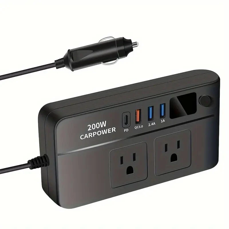 (image for) 200W Car Inverter DC 12V to 110V AC Power Inverter for Car Charger Adapter with PD 20W USB-C Dual USB Ports and QC3.0 Fast Charging Port