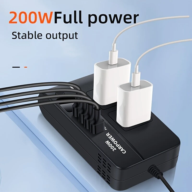 (image for) 200W Car Inverter DC 12V to 110V AC Power Inverter for Car Charger Adapter with PD 20W USB-C Dual USB Ports and QC3.0 Fast Charging Port