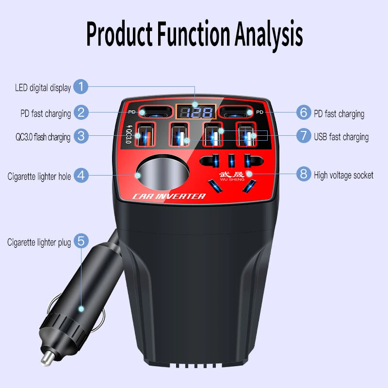 (image for) Car Inverter 12V 24V to 220V 200W Power Converter Charger QC3.0USB Multi-Port Fast Charging Intelligent Voltage Monitoring