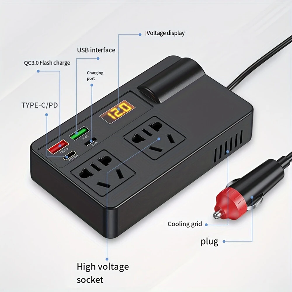 (image for) Car Inverter 12V 24V to 220V Multi-Function Socket Mobile Phone Charger 120W Car Power Converter with Smart Digital Display