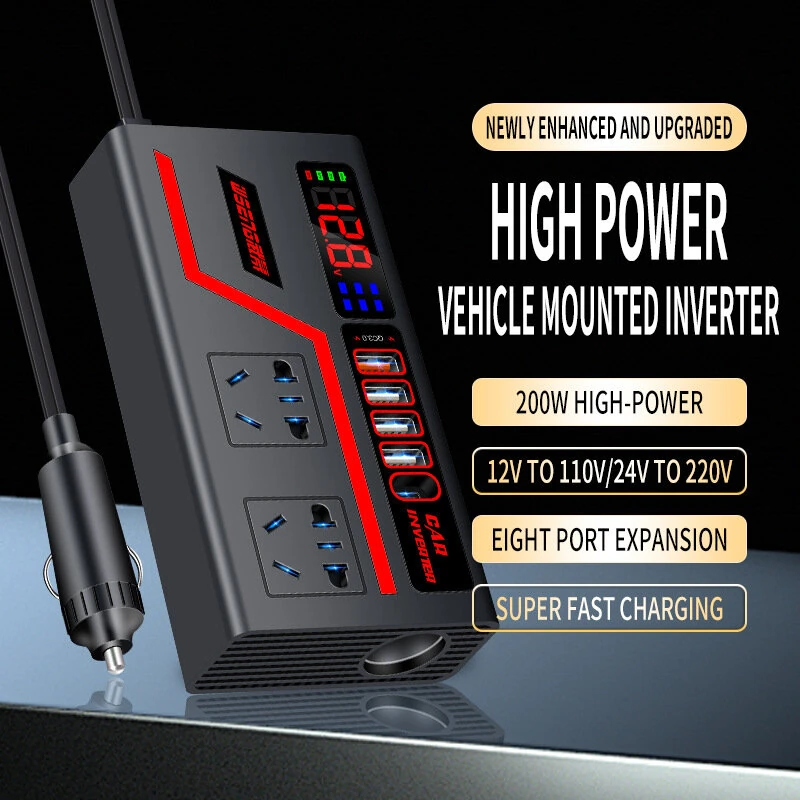 (image for) Car Inverter 12V to 110V 24V to 220V Multi-functional 200W Car Truck Converter Intelligent Digital Display Car Charging Socket