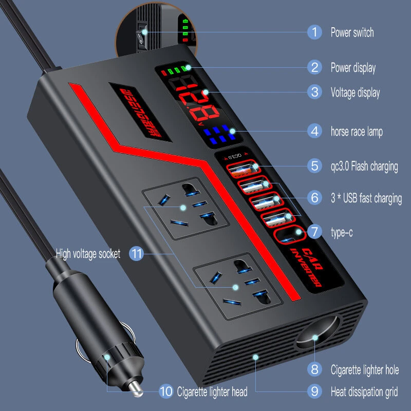 (image for) Car Inverter 12V to 110V 24V to 220V Multi-functional 200W Car Truck Converter Intelligent Digital Display Car Charging Socket