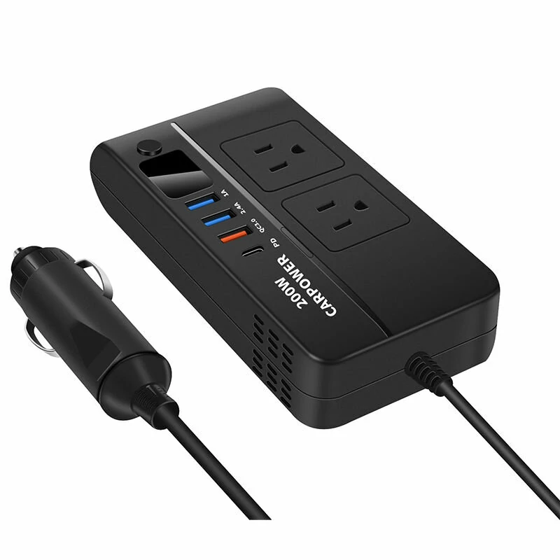 (image for) Car Power Converter 200W 12V to 220V/110V Car Inverter with PD/QC3.0 USB Ports LED Digital Display Multifunctional Car Power Converter Socket
