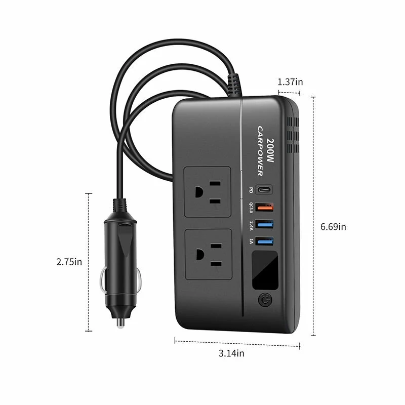 (image for) Car Power Converter 200W 12V to 220V/110V Car Inverter with PD/QC3.0 USB Ports LED Digital Display Multifunctional Car Power Converter Socket