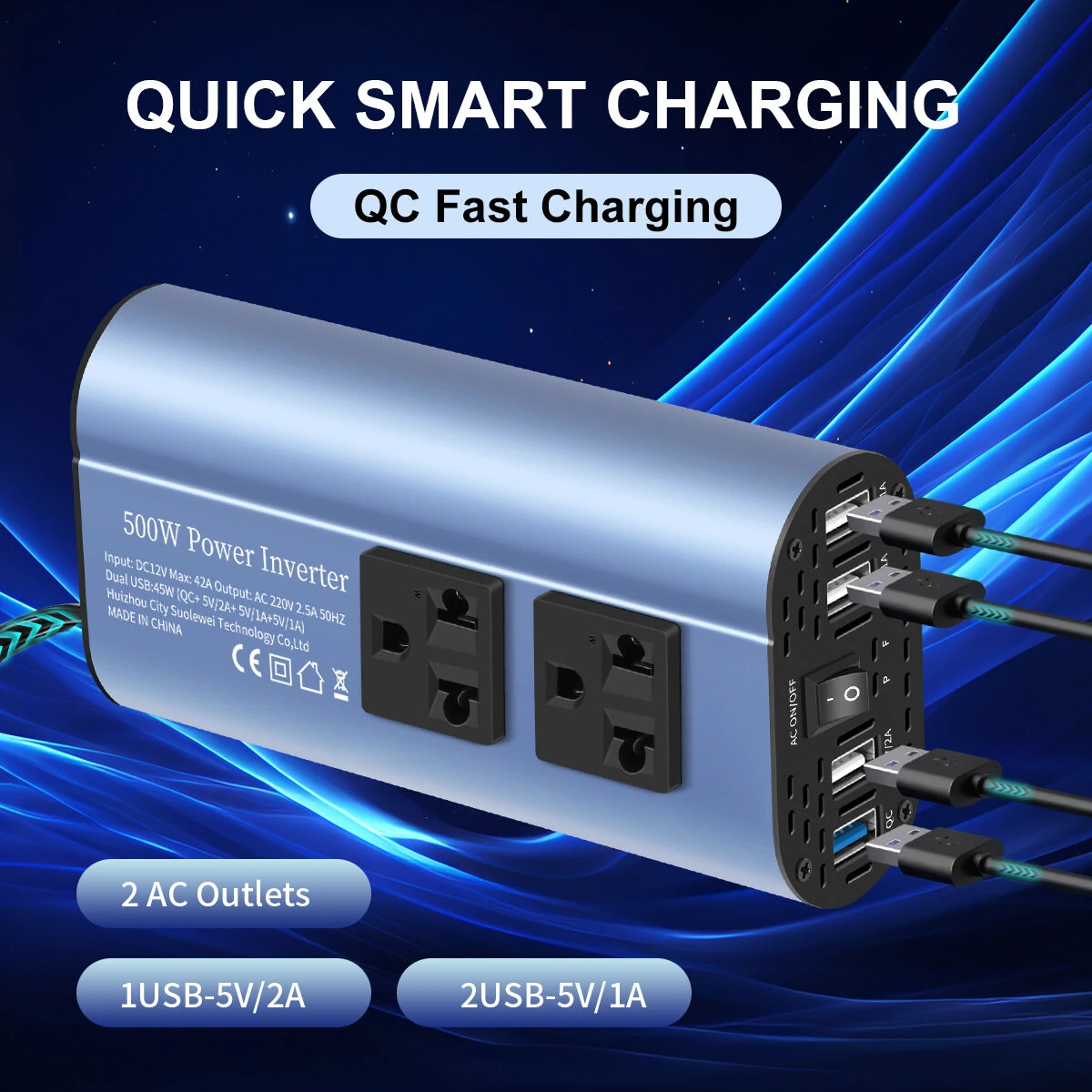 (image for) TATALIKEN Car Power Inverter 300/500W 12V to 110V / 220V 6 In 1 Multi Outlet Inverter Modified Sine Wave Car Power Converter EU/US Standard Sockets