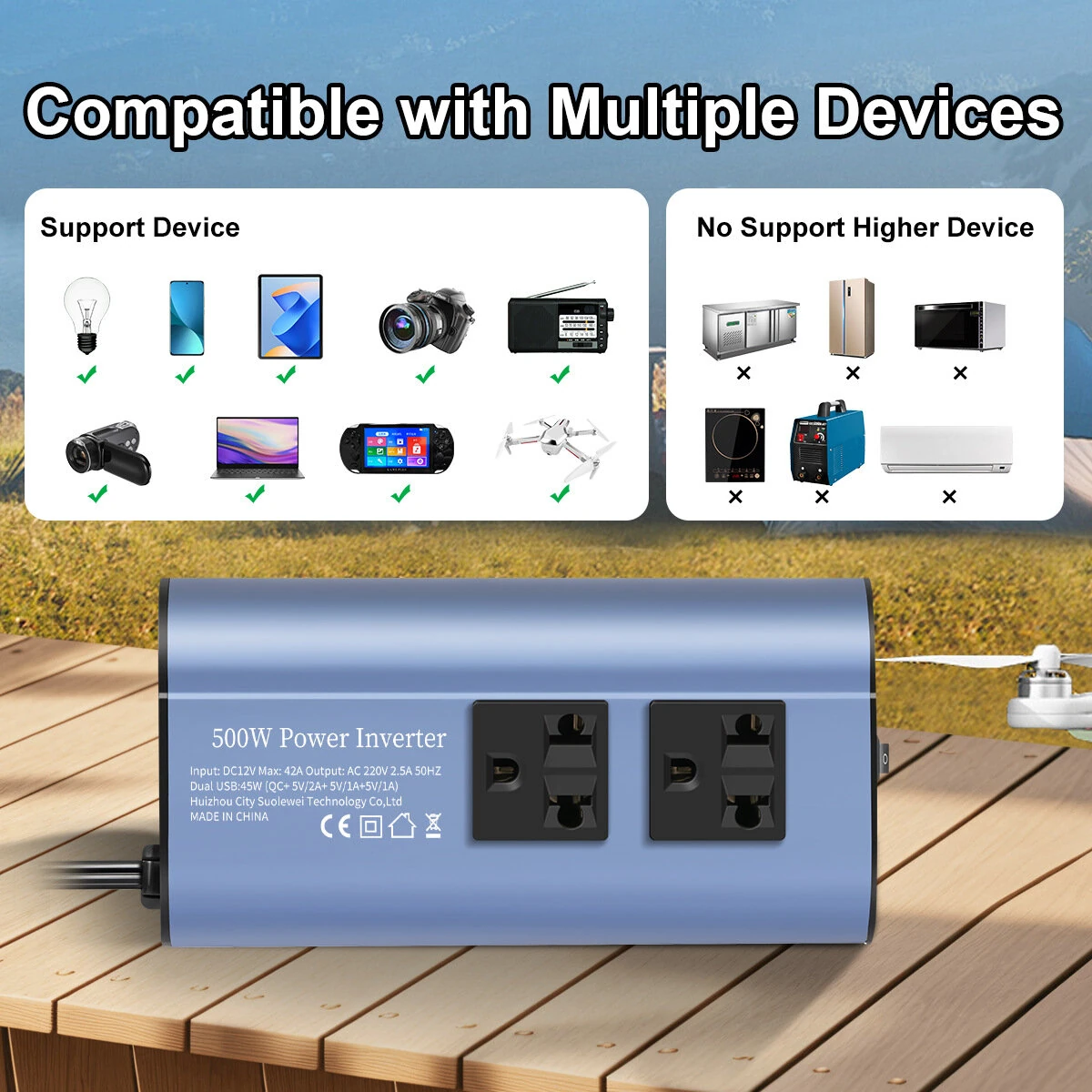 (image for) TATALIKEN Car Power Inverter 300/500W 12V to 110V / 220V 6 In 1 Multi Outlet Inverter Modified Sine Wave Car Power Converter EU/US Standard Sockets