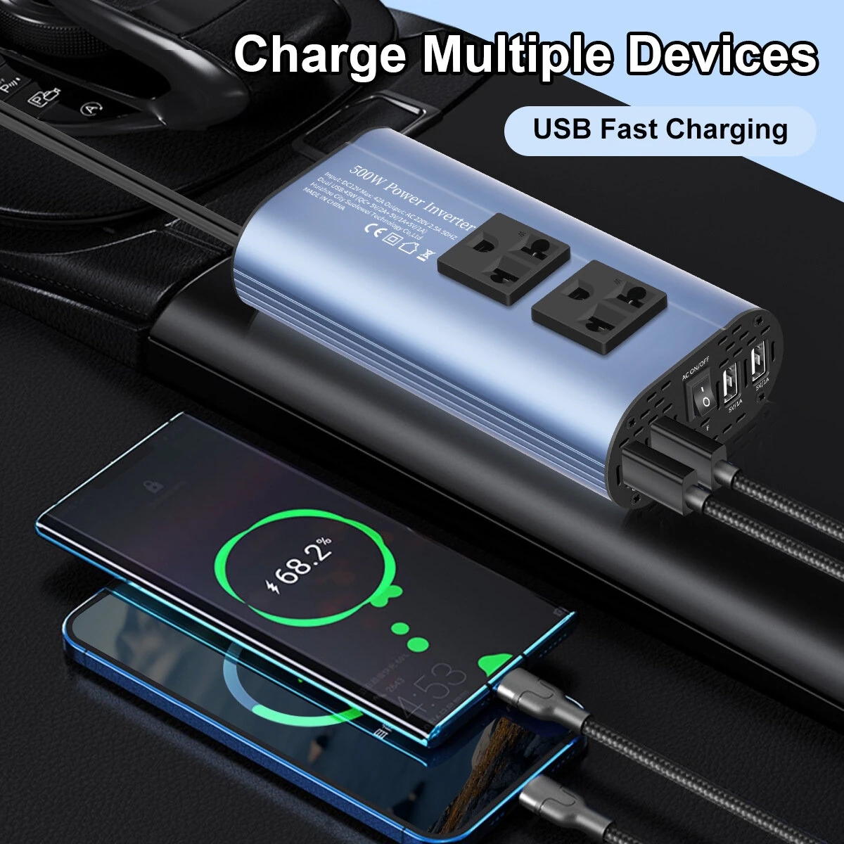 (image for) TATALIKEN Car Power Inverter 300/500W 12V to 110V / 220V 6 In 1 Multi Outlet Inverter Modified Sine Wave Car Power Converter EU/US Standard Sockets