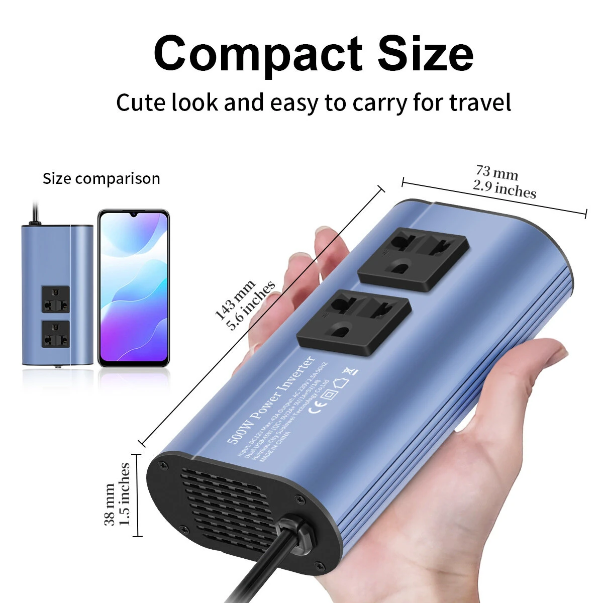 (image for) TATALIKEN Car Power Inverter 300/500W 12V to 110V / 220V 6 In 1 Multi Outlet Inverter Modified Sine Wave Car Power Converter EU/US Standard Sockets