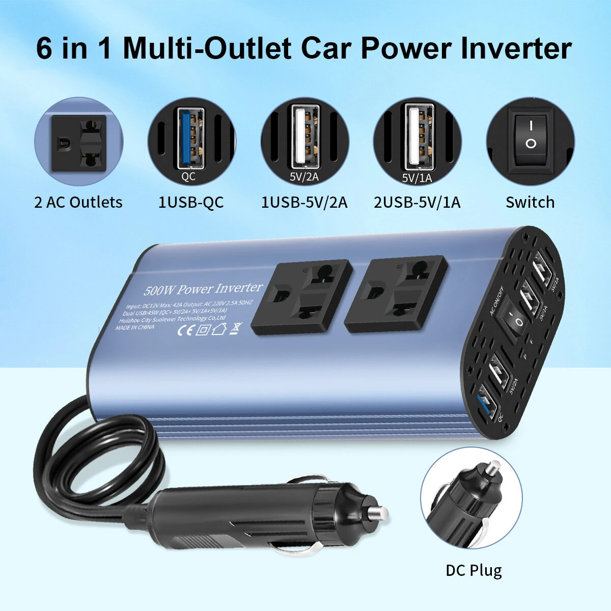(image for) TATALIKEN Car Power Inverter 300/500W 12V to 110V / 220V 6 In 1 Multi Outlet Inverter Modified Sine Wave Car Power Converter EU/US Standard Sockets