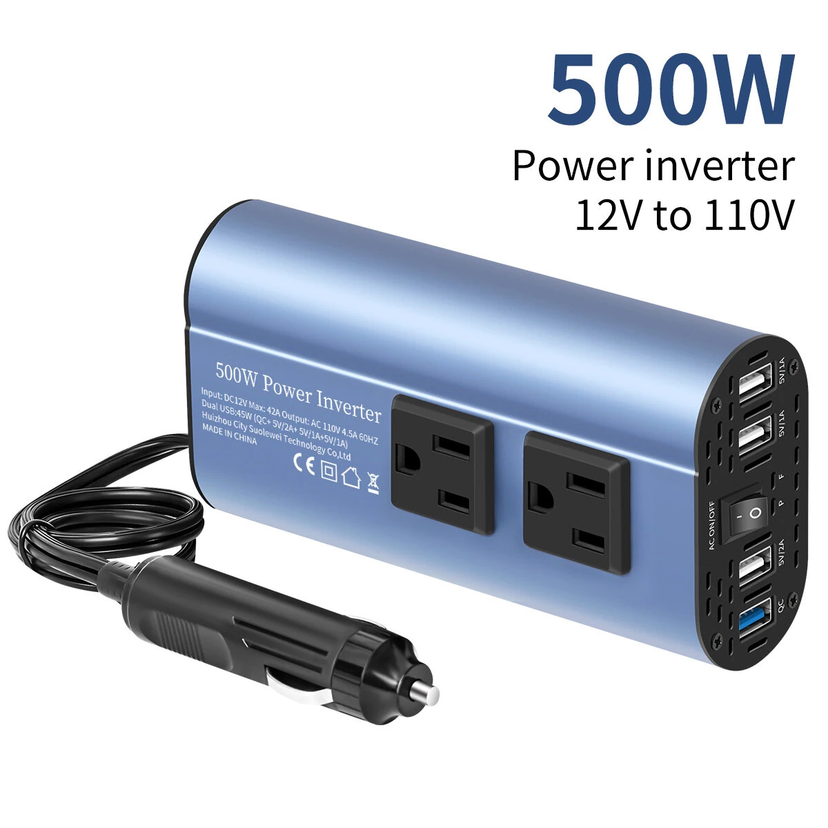 (image for) TATALIKEN Car Power Inverter 300/500W 12V to 110V / 220V 6 In 1 Multi Outlet Inverter Modified Sine Wave Car Power Converter EU/US Standard Sockets